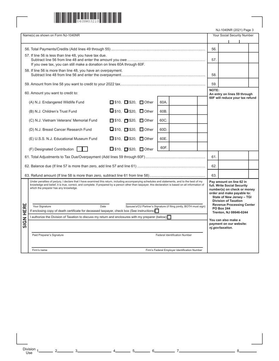 Form NJ-1040NR Nonresident Income Tax Return - New Jersey, Page 3