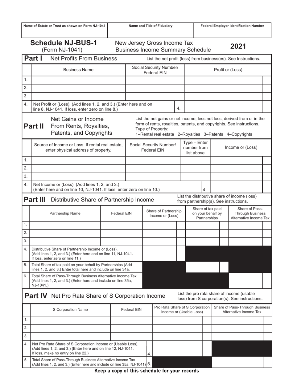 Form NJ-1041 Schedule NJ-BUS-1 New Jersey Gross Income Tax Business Income Summary Schedule - New Jersey, Page 1