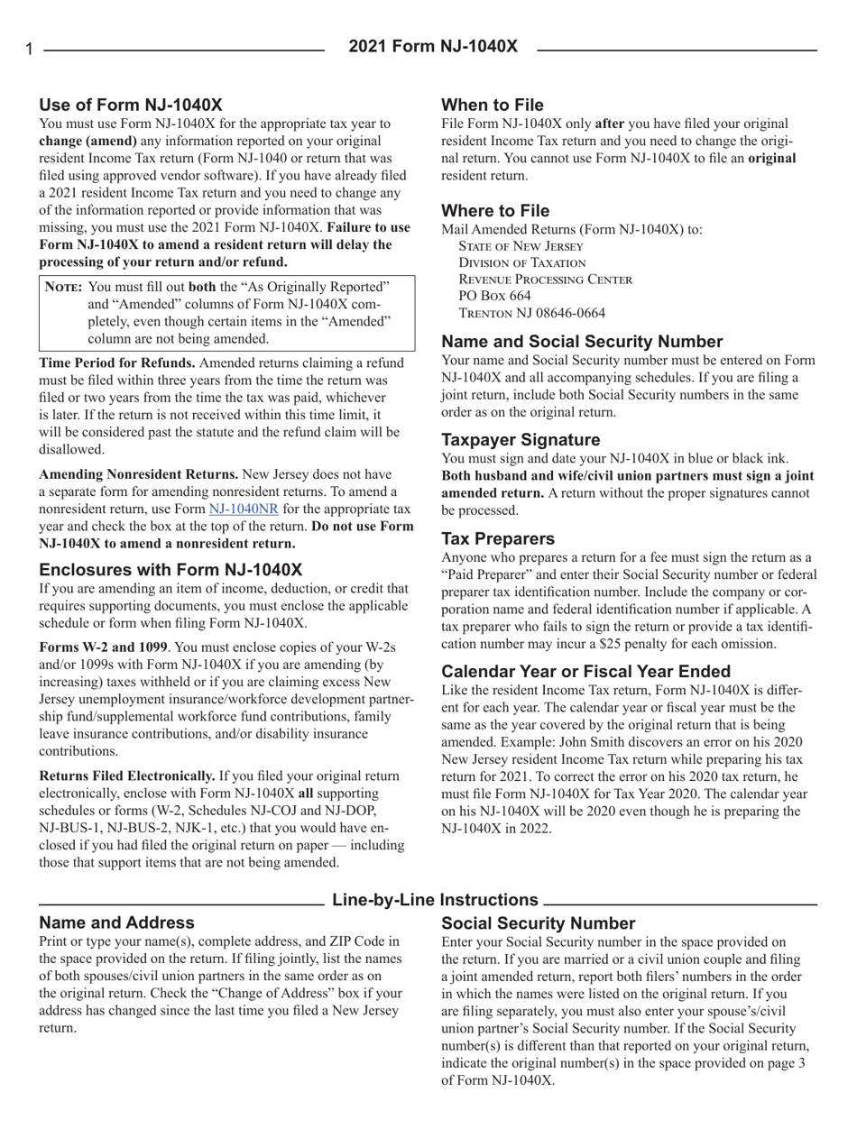 Download Instructions for Form NJ1040X Amended Resident Tax