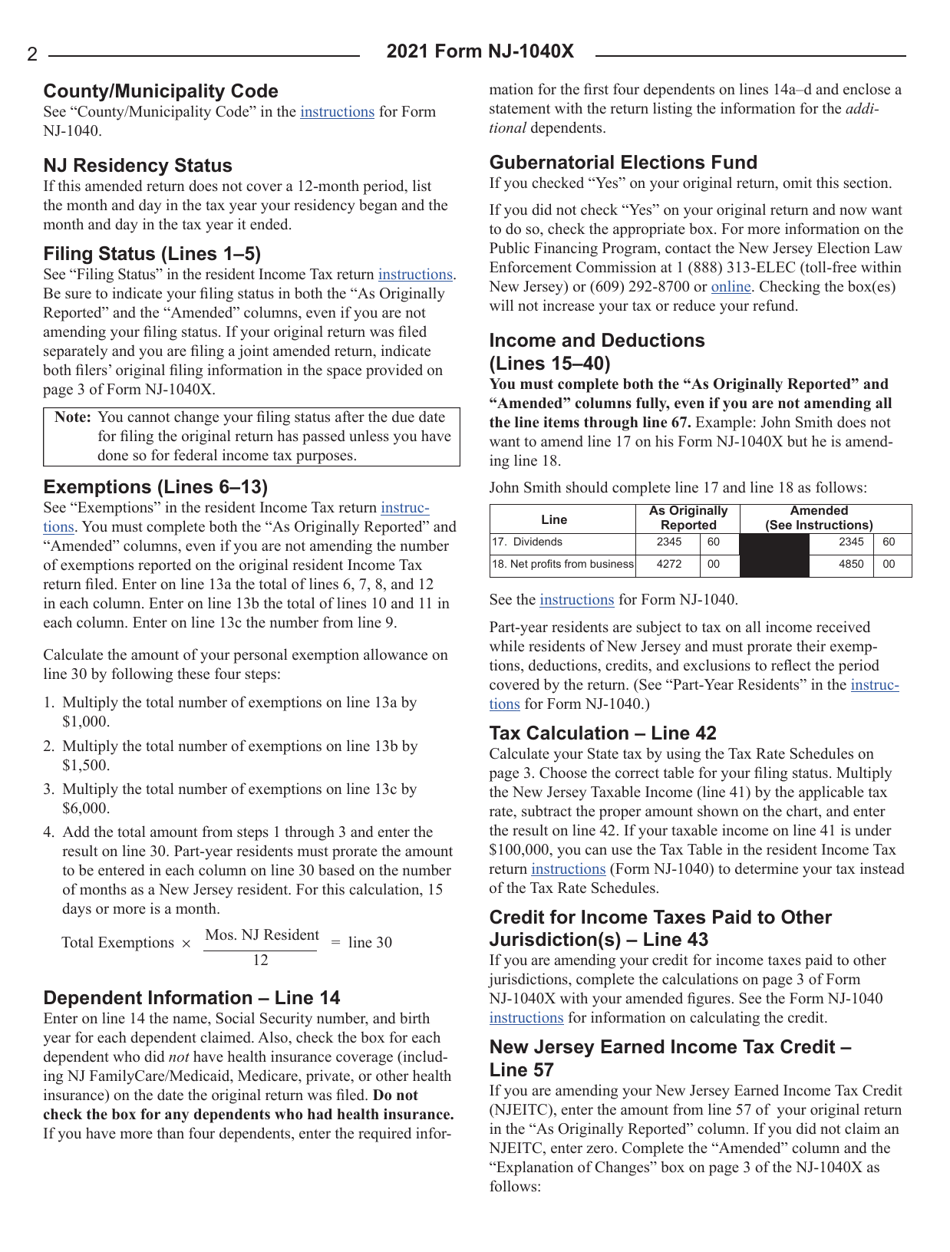 Instructions for Form NJ-1040X Amended Resident Income Tax Return - New Jersey, Page 2