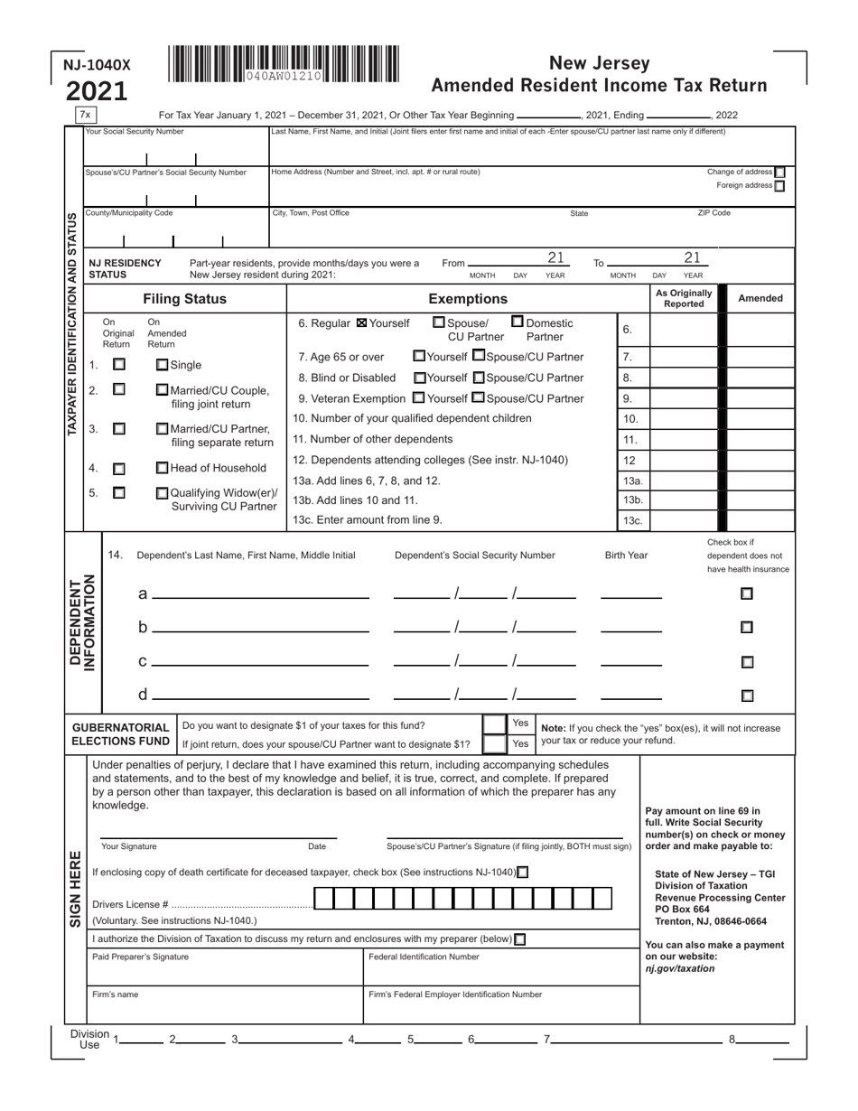 Form NJ-1040X Amended Resident Income Tax Return - New Jersey, Page 1
