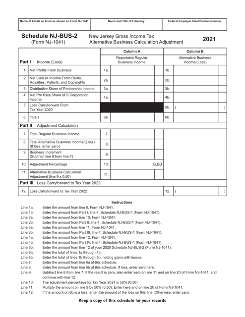 Form NJ-1041 Schedule NJ-BUS-2 2021 Printable Pdf