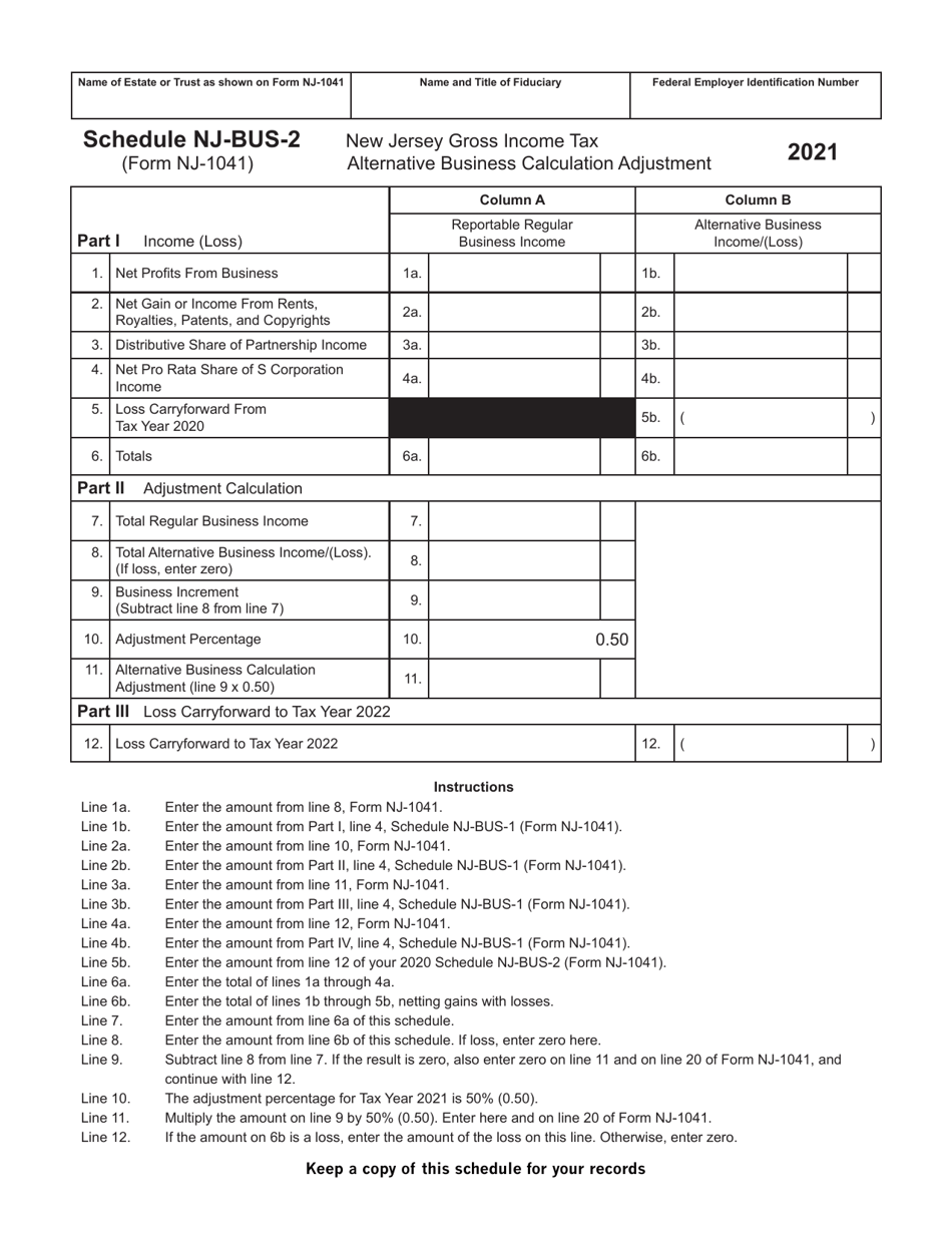 Form NJ-1041 Schedule NJ-BUS-2 Gross Income Tax Alternative Business Calculation Adjustment - New Jersey, Page 1