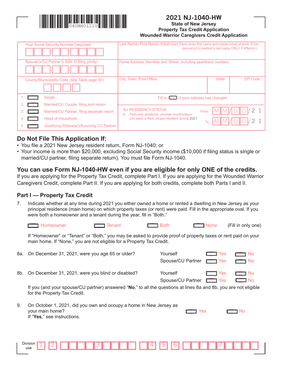 Form NJ1040HW Download Fillable PDF or Fill Online Property Tax