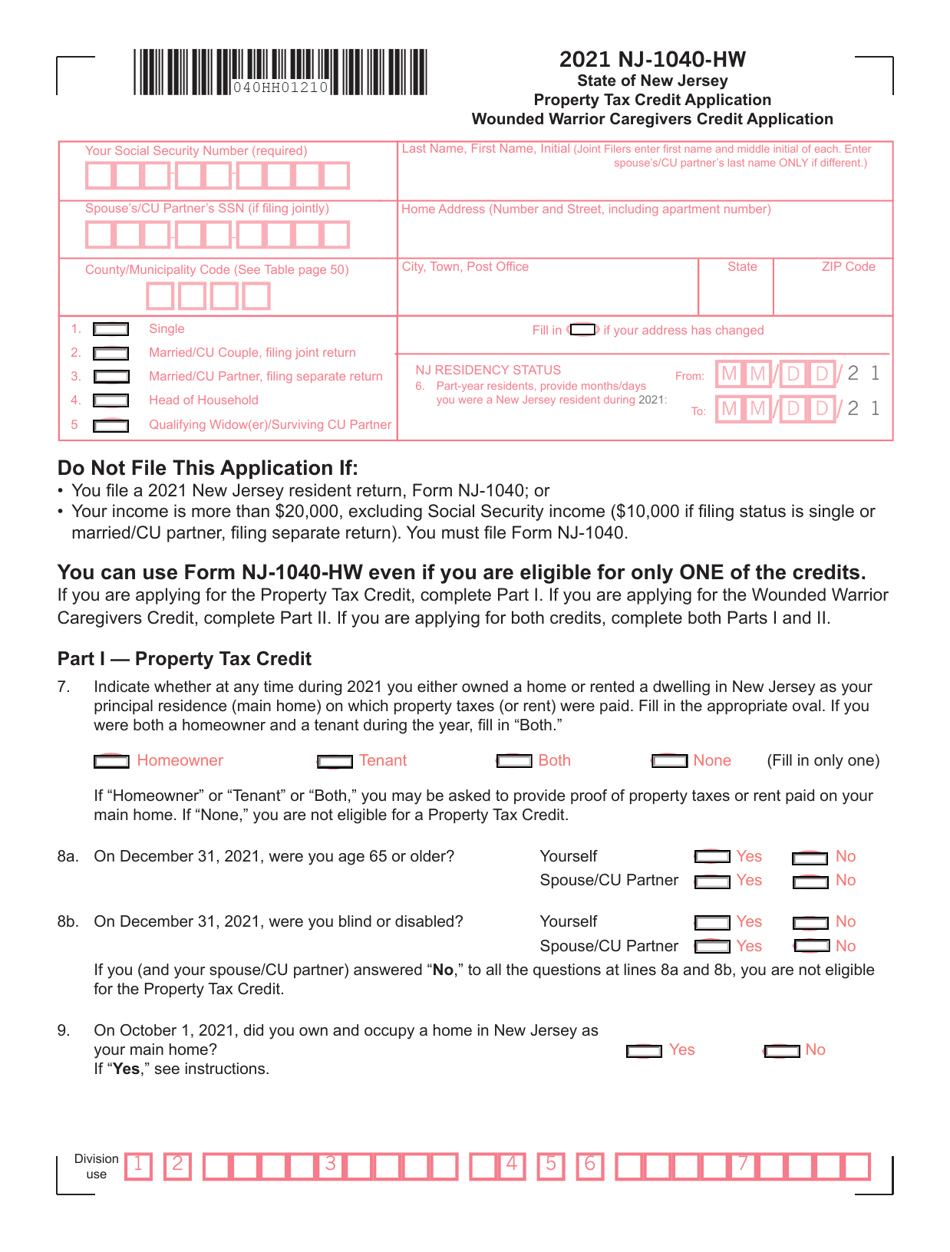 Form NJ-1040-HW Property Tax Credit Application and Wounded Warrior Caregivers Credit Application - New Jersey, Page 1