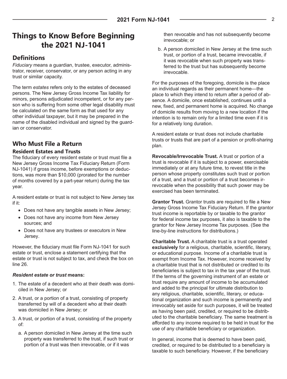 Instructions for Form NJ-1041 New Jersey Income Tax Fiduciary Return - New Jersey, Page 2