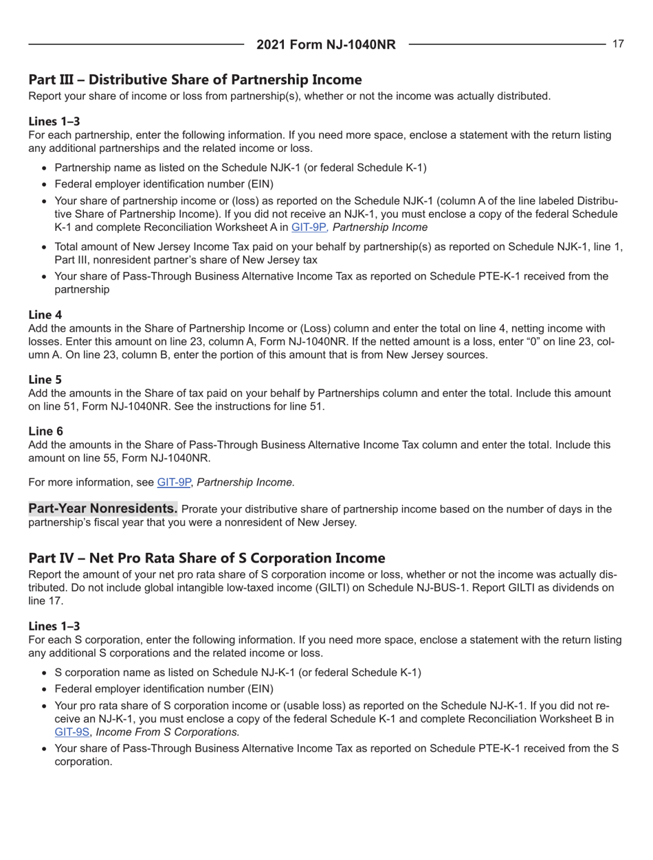 Instructions for Form NJ-1040NR Nonresident Income Tax Return - New Jersey, Page 17