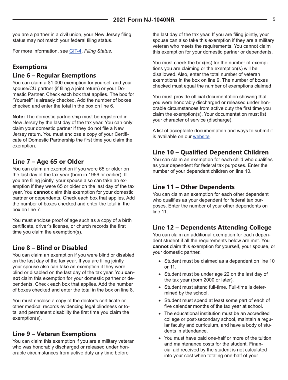 Instructions for Form NJ-1040NR Nonresident Income Tax Return - New Jersey, Page 5