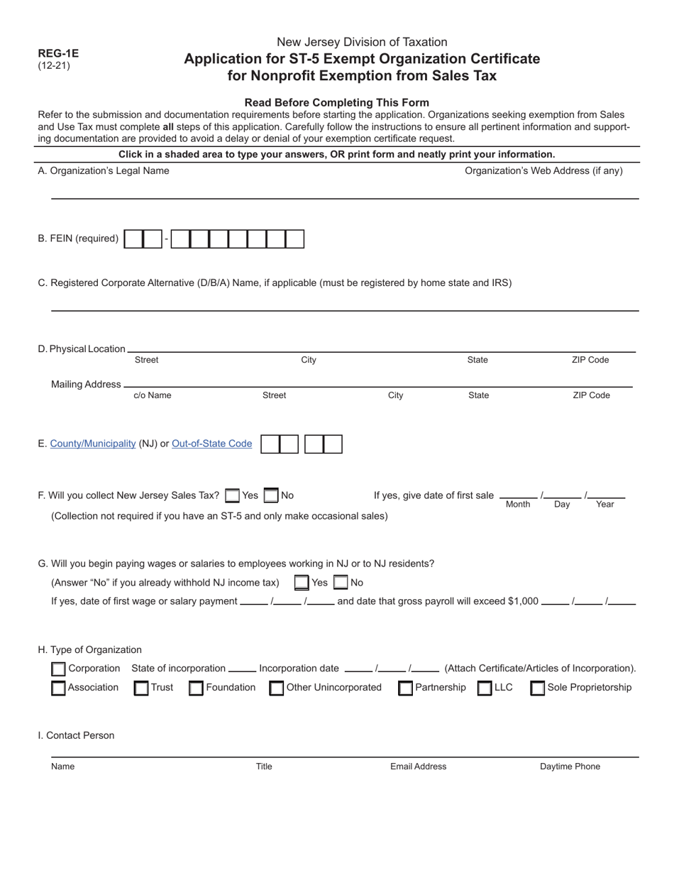 Form REG-1E Application for St-5 Exempt Organization Certificate for Nonprofit Exemption From Sales Tax - New Jersey, Page 1