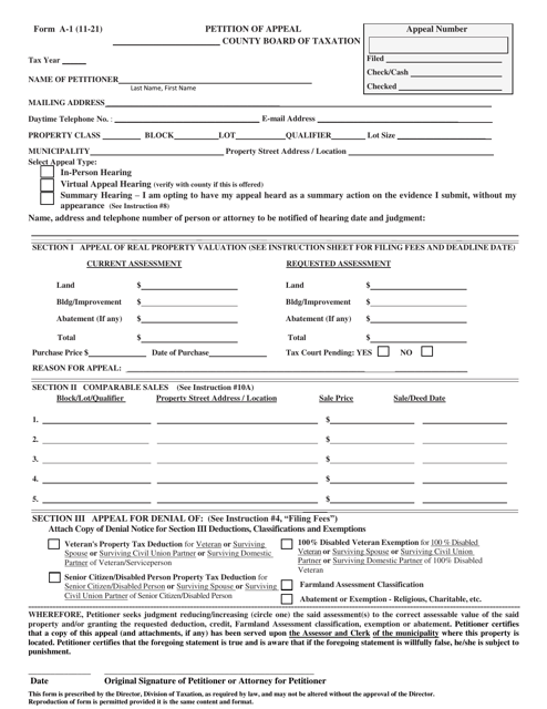 Form A-1 Petition of Appeal - New Jersey