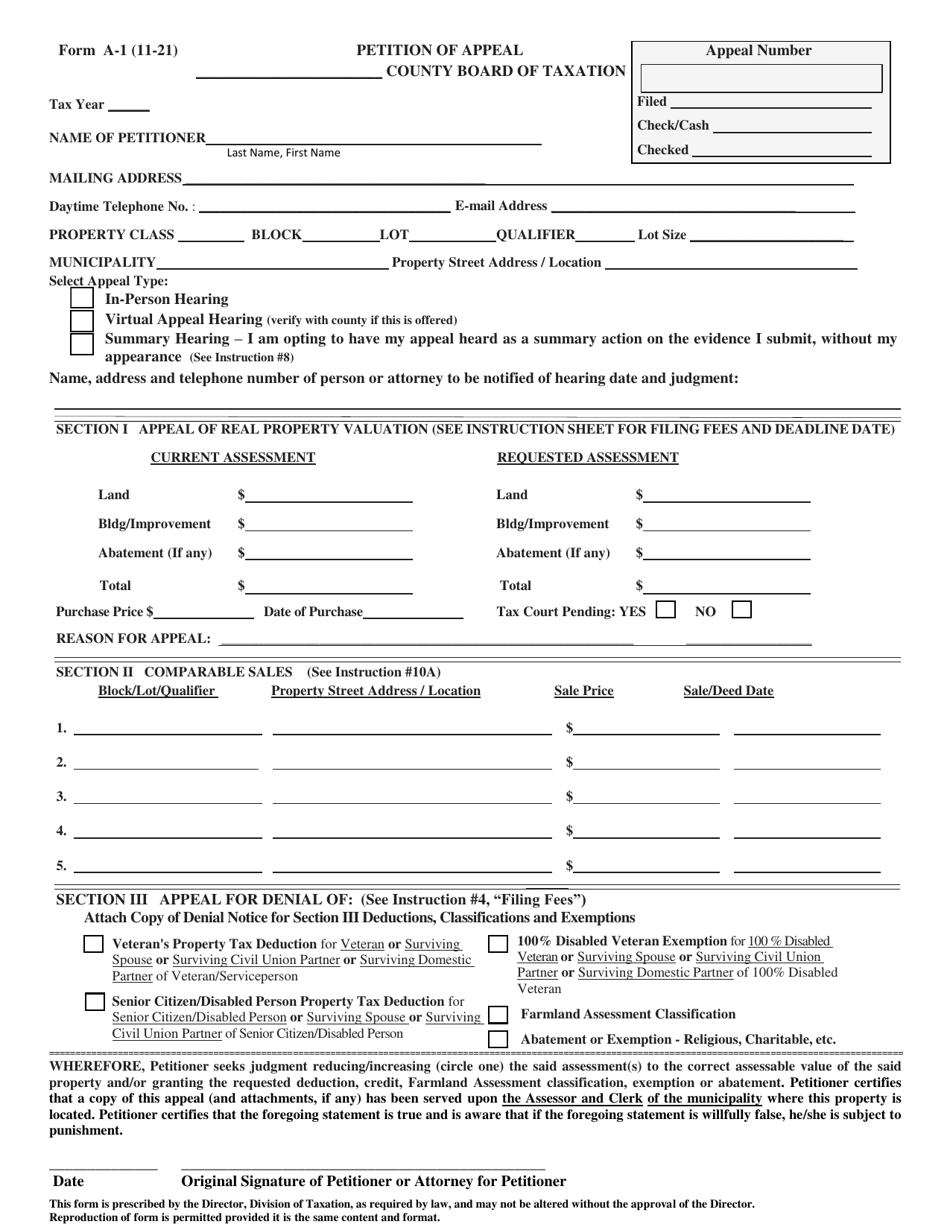 Form A-1 Download Fillable PDF or Fill Online Petition of Appeal, New ...