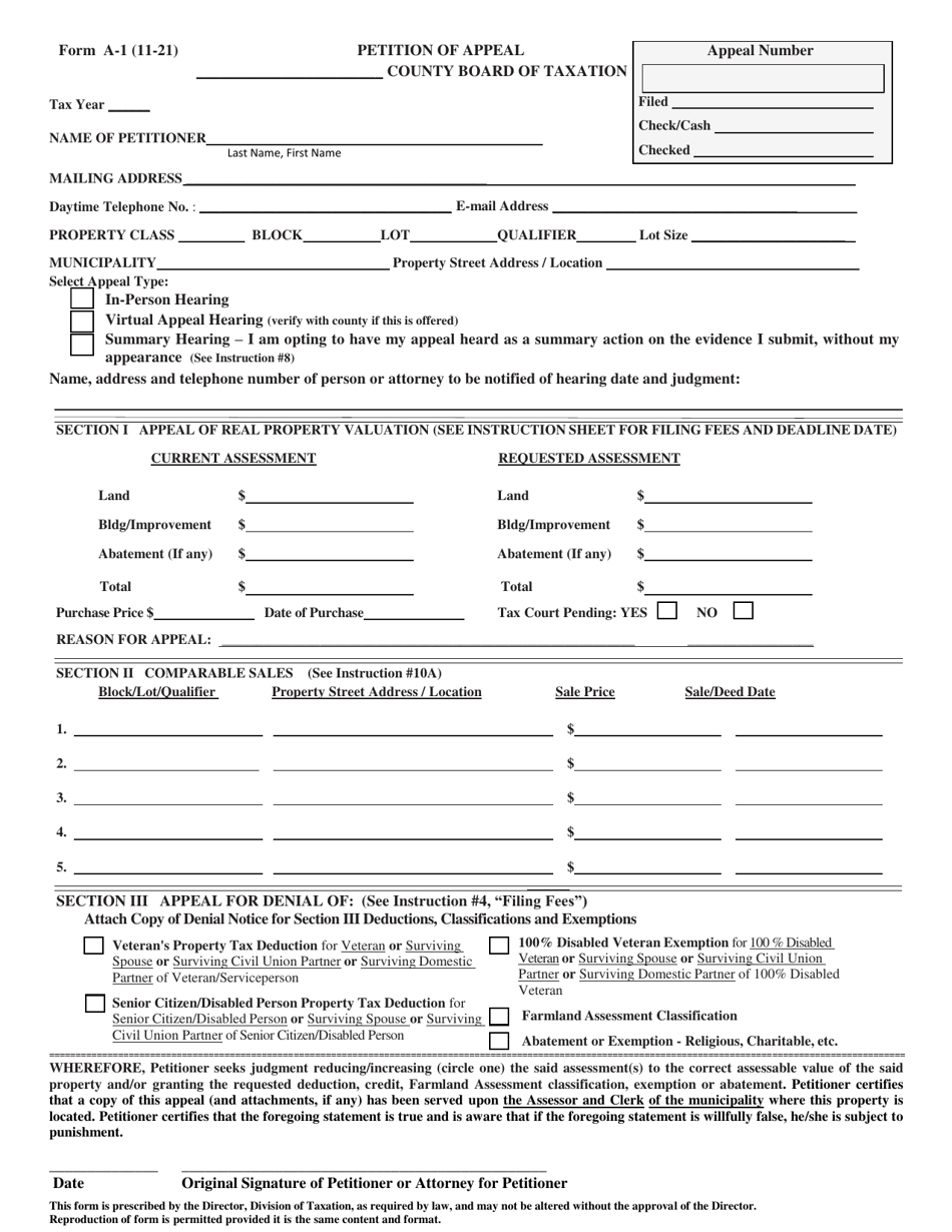Form A-1 Petition of Appeal - New Jersey, Page 1
