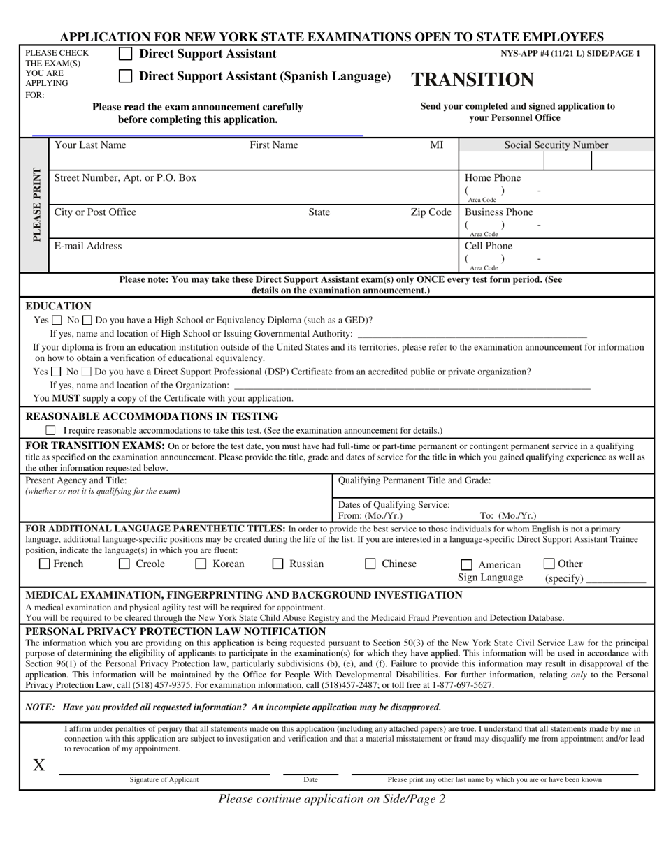 Form NYS-APP-4 #10-024 Application for New York State Examinations Open to State Employees - Direct Support Assistant Trainee - New York, Page 1