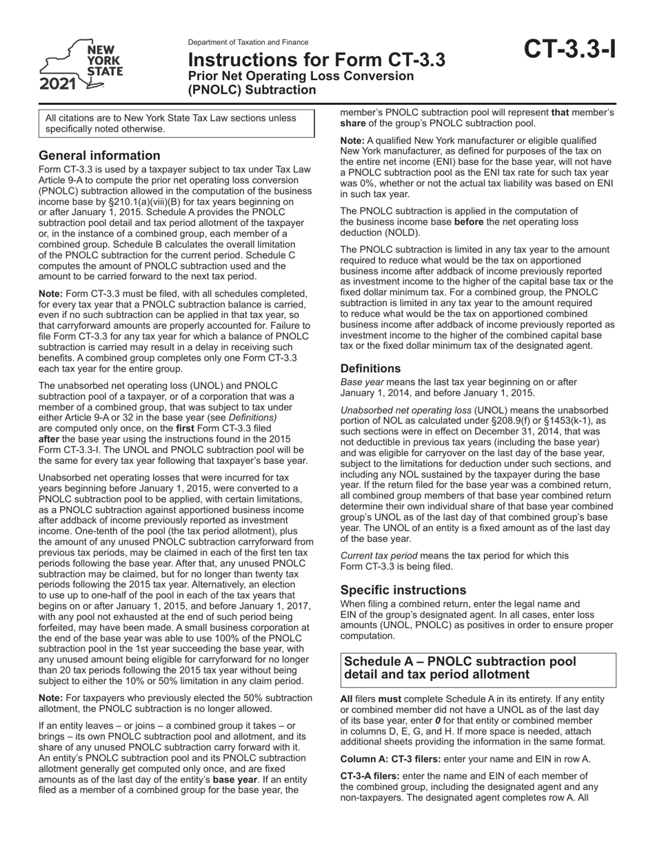 Instructions for Form CT-3.3 Prior Net Operating Loss Conversion (Pnolc) Subtraction - New York, Page 1