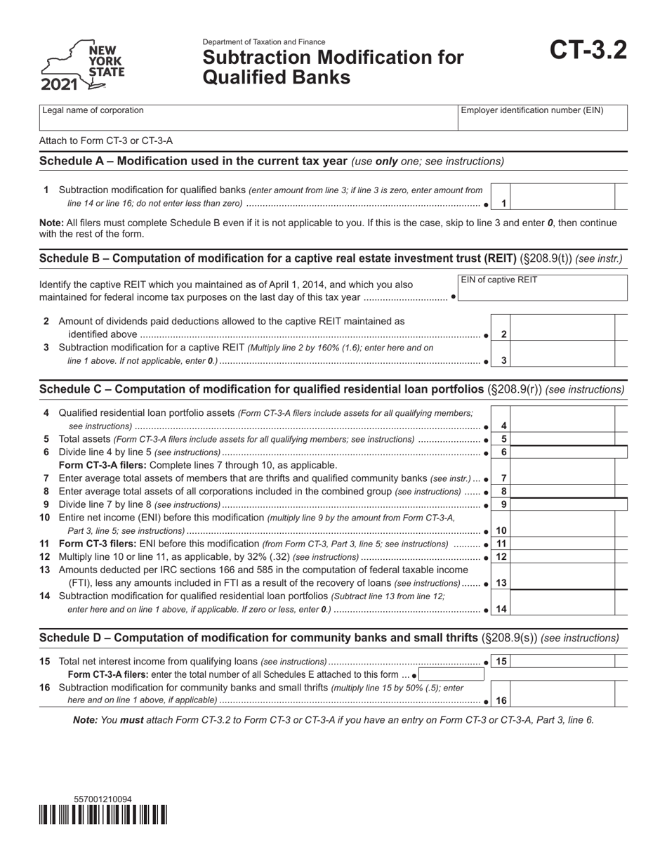 Form CT-3.2 Subtraction Modification for Qualified Banks - New York, Page 1