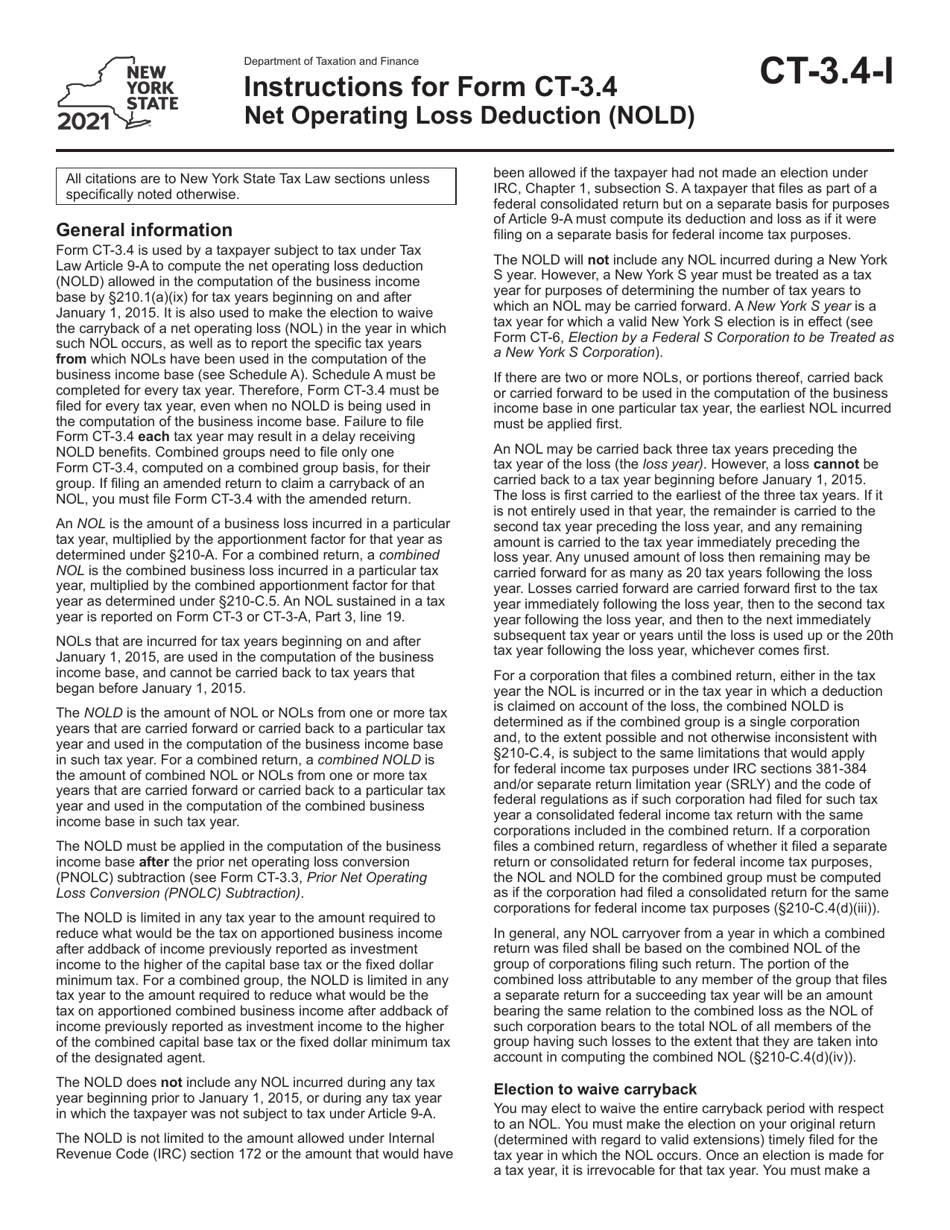 Instructions for Form CT-3.4 Net Operating Loss Deduction (Nold) - New York, Page 1