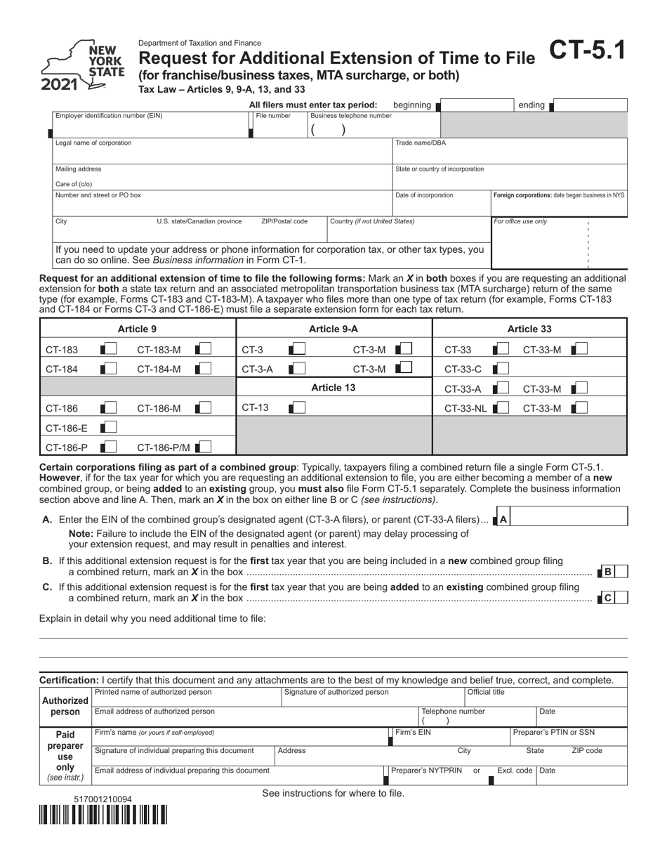 Form CT-5.1 Request for Additional Extension of Time to File (For Franchise / Business Taxes, Mta Surcharge, or Both) - New York, Page 1