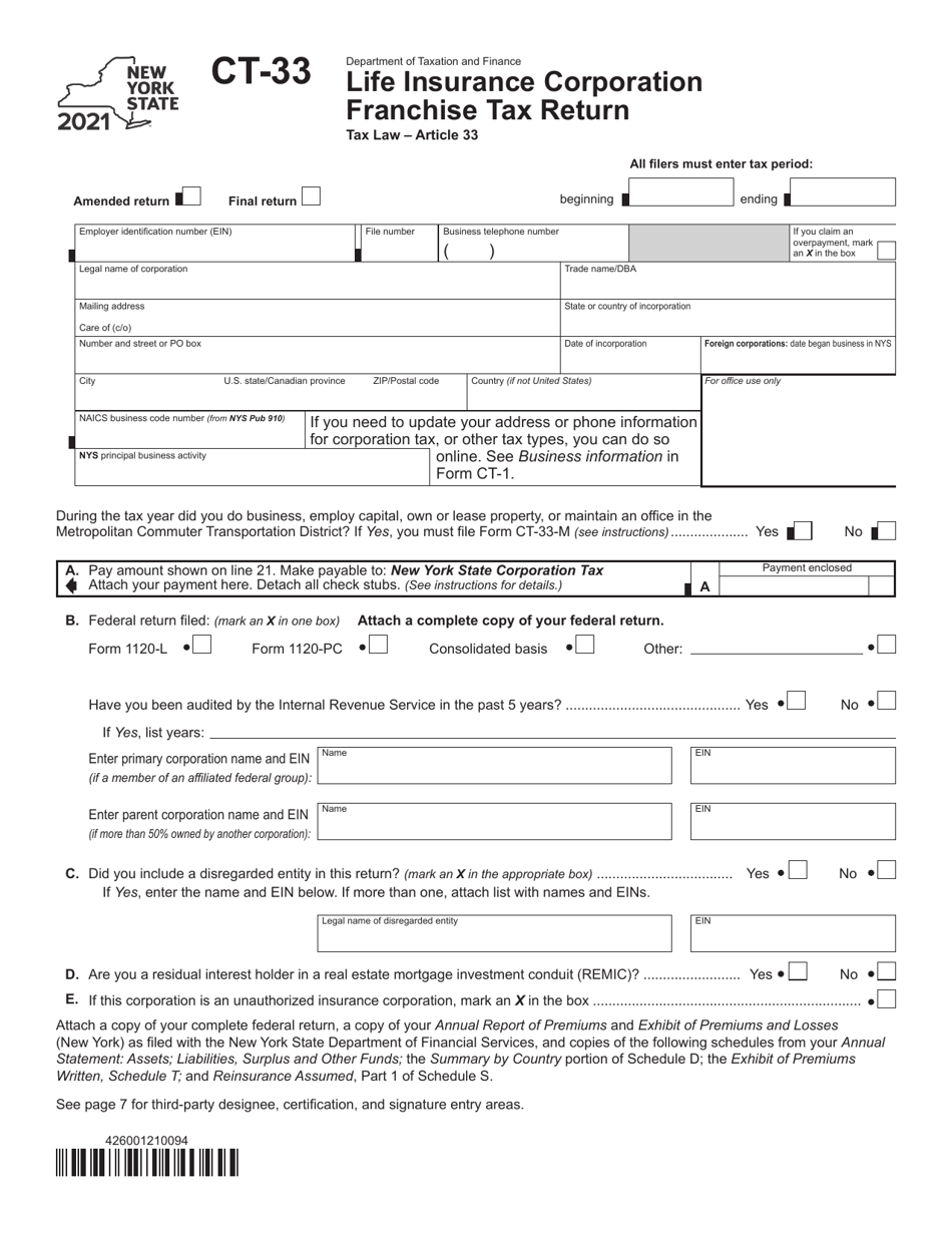 Form CT-33 Life Insurance Corporation Franchise Tax Return - New York, Page 1