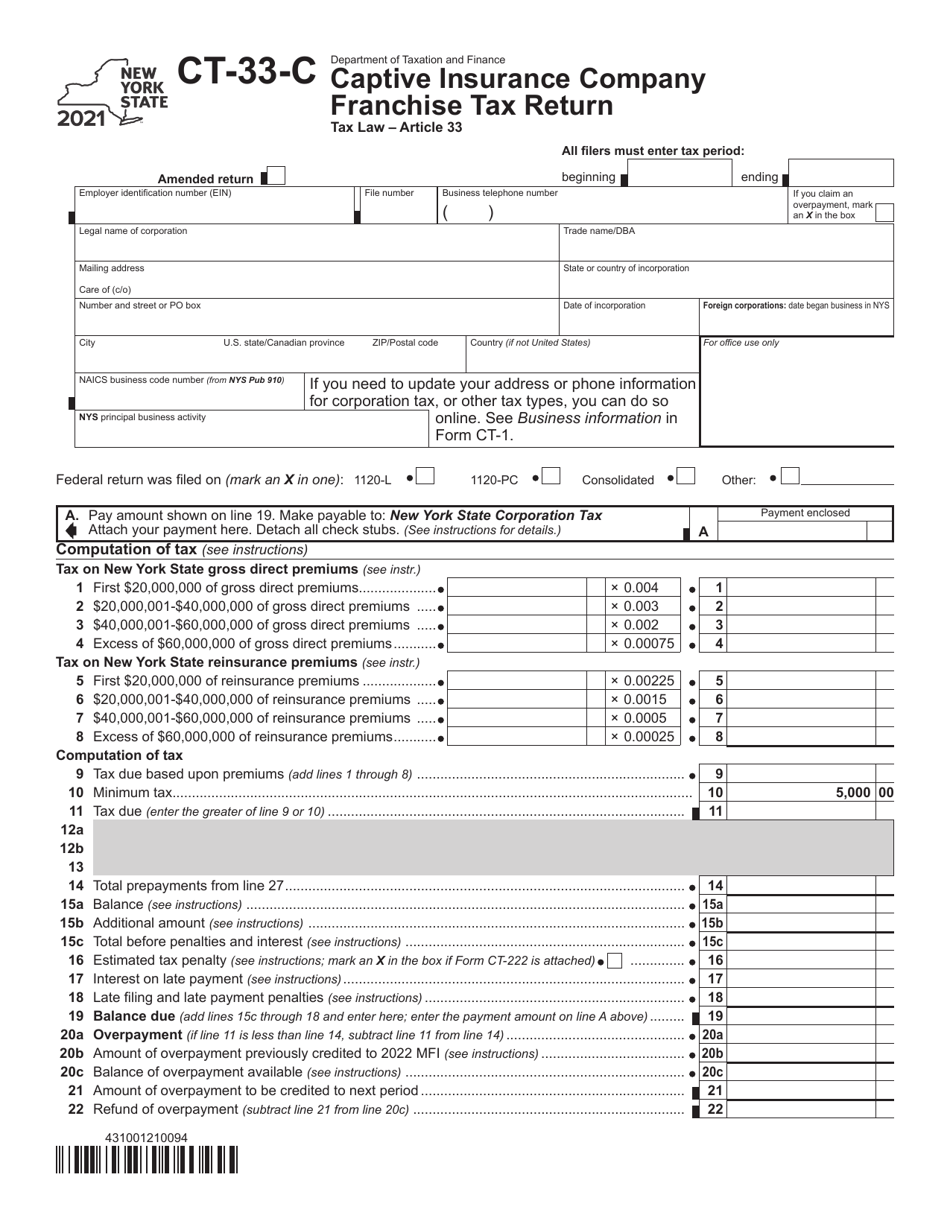 Form CT-33-C Captive Insurance Company Franchise Tax Return - New York, Page 1
