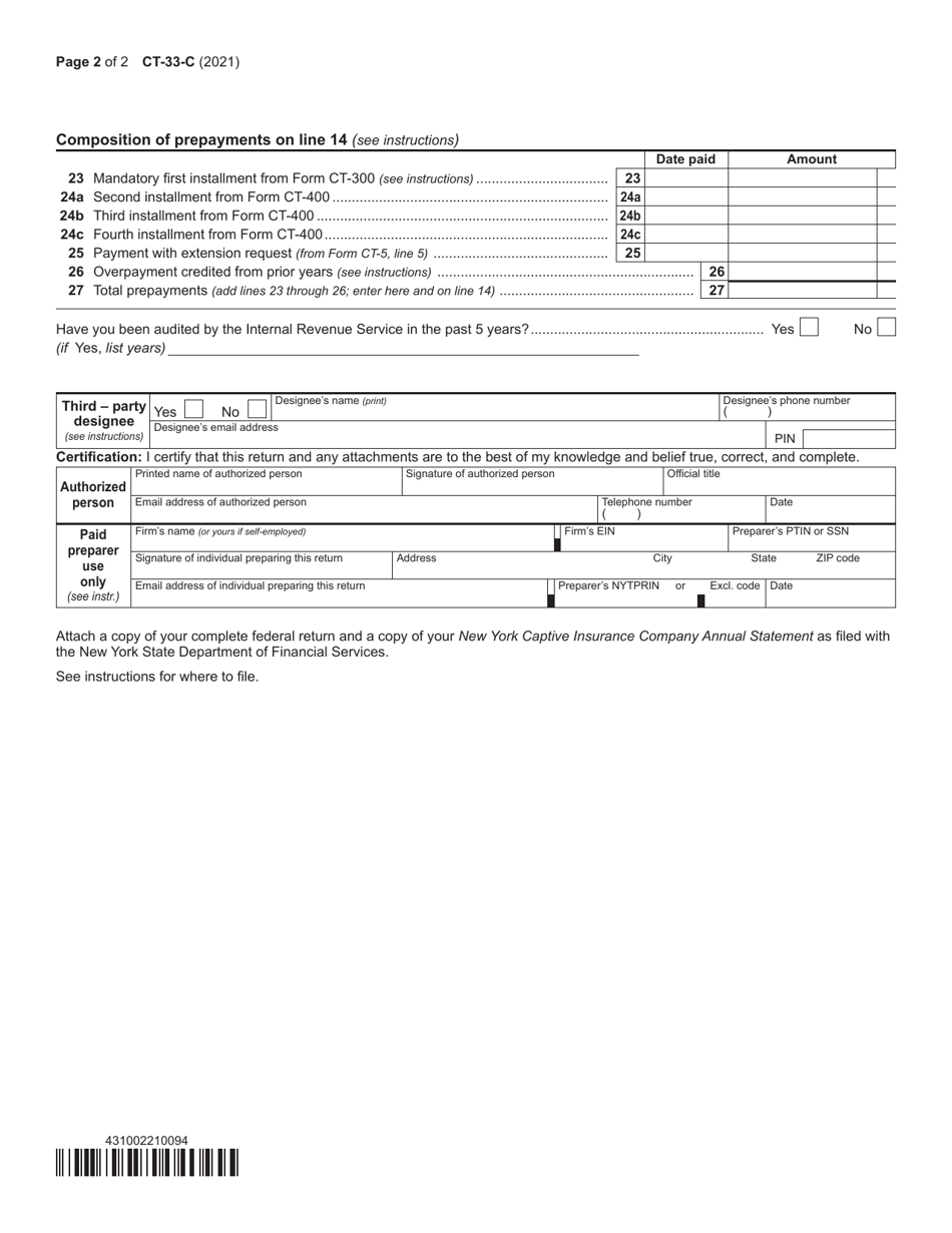 Form CT-33-C Captive Insurance Company Franchise Tax Return - New York, Page 2