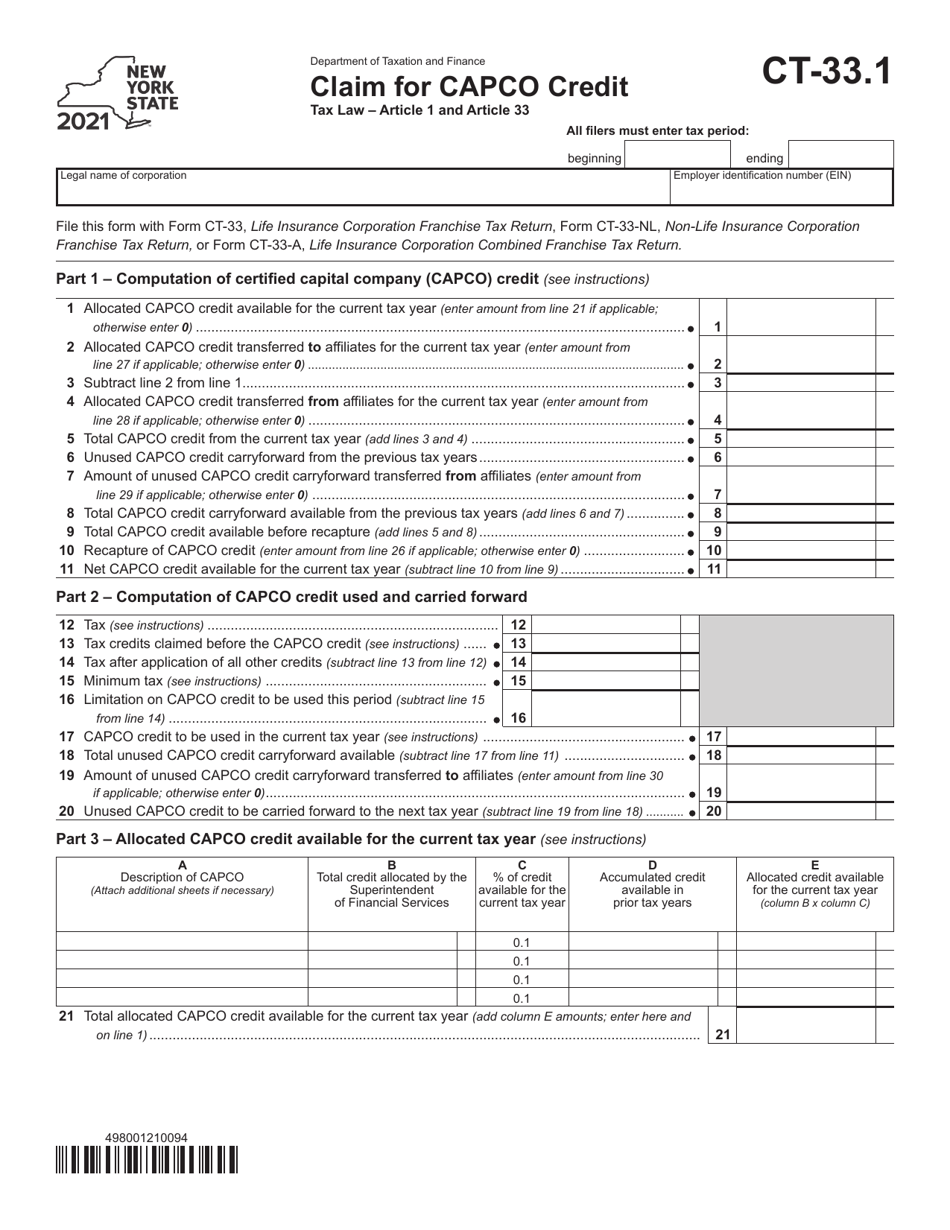 Form CT-33.1 Claim for Capco Credit - New York, Page 1
