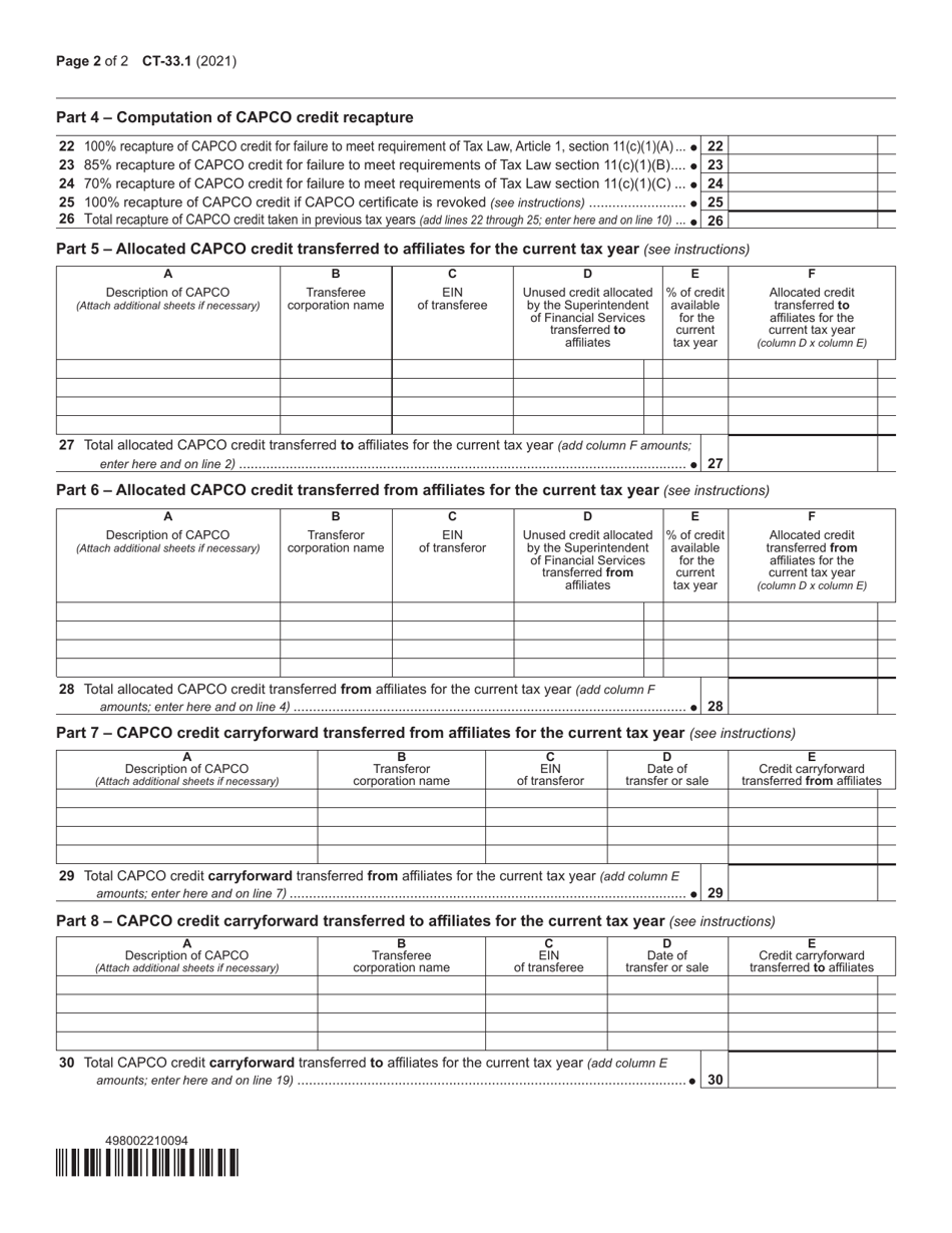 Form CT-33.1 Claim for Capco Credit - New York, Page 2
