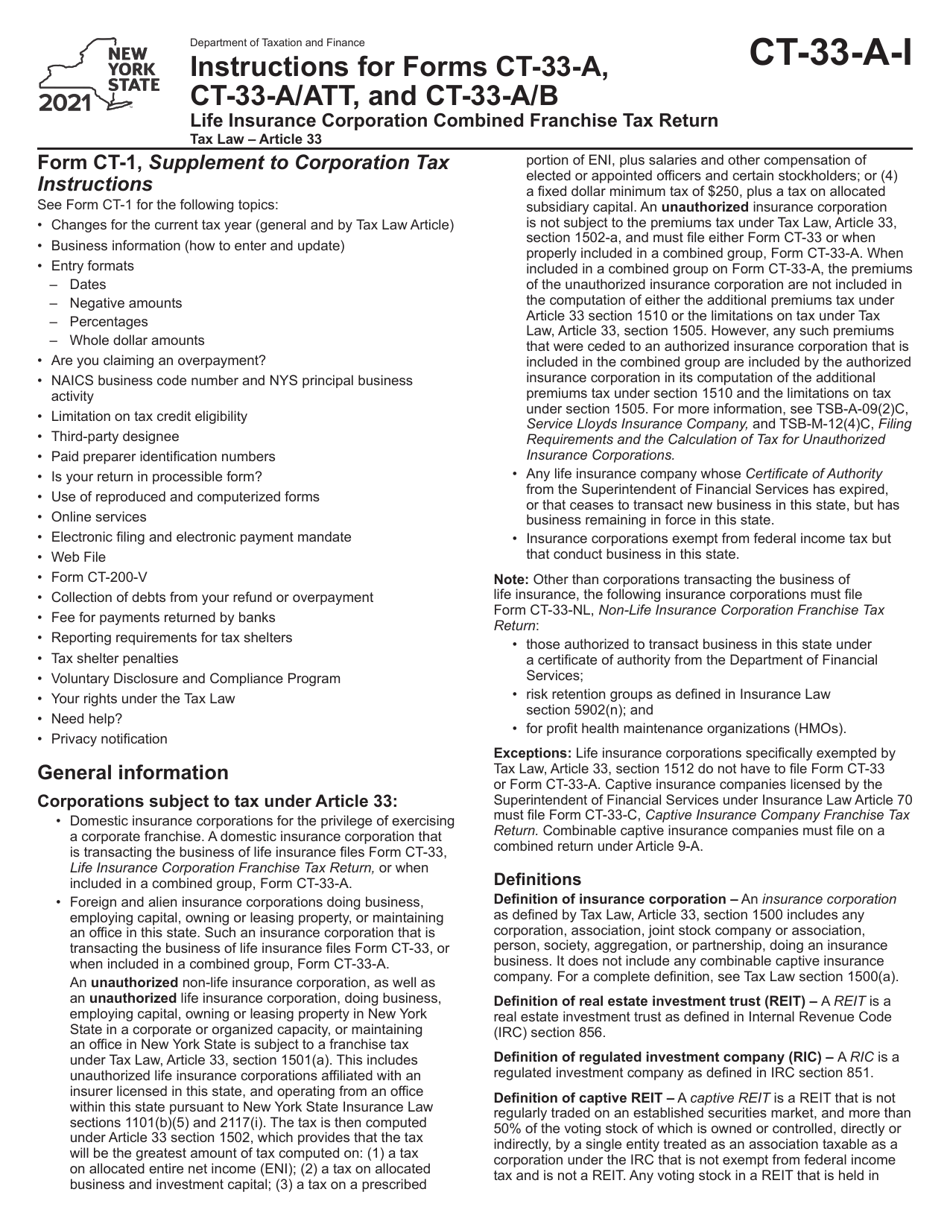 Instructions for Form CT-33-A, CT-33-A / ATT, CT-33-A / B - New York, Page 1