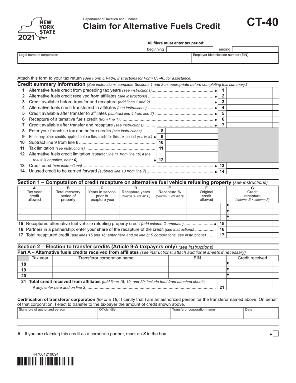 Form CT-40 Claim for Alternative Fuels Credit - New York, Page 1
