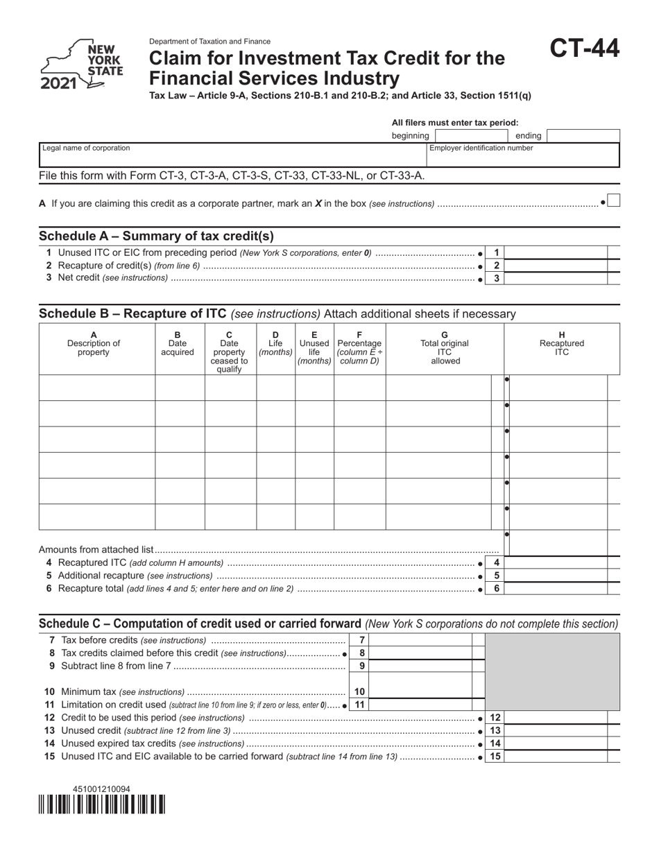 Form CT-44 Claim for Investment Tax Credit for the Financial Services Industry - New York, Page 1