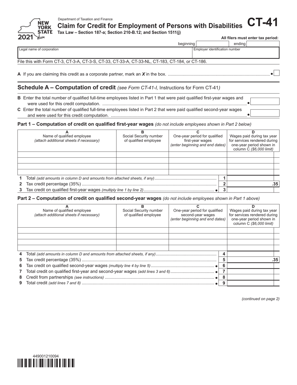 Form CT-41 Claim for Credit for Employment of Persons With Disabilities - New York, Page 1