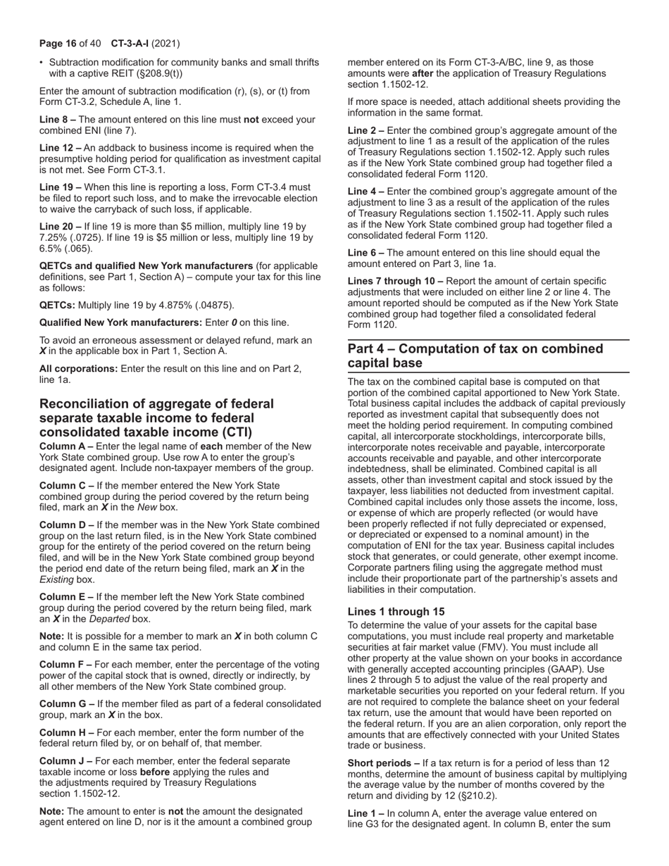 Instructions for Form CT-3-A General Business Corporation Combined Franchise Tax Return - New York, Page 16