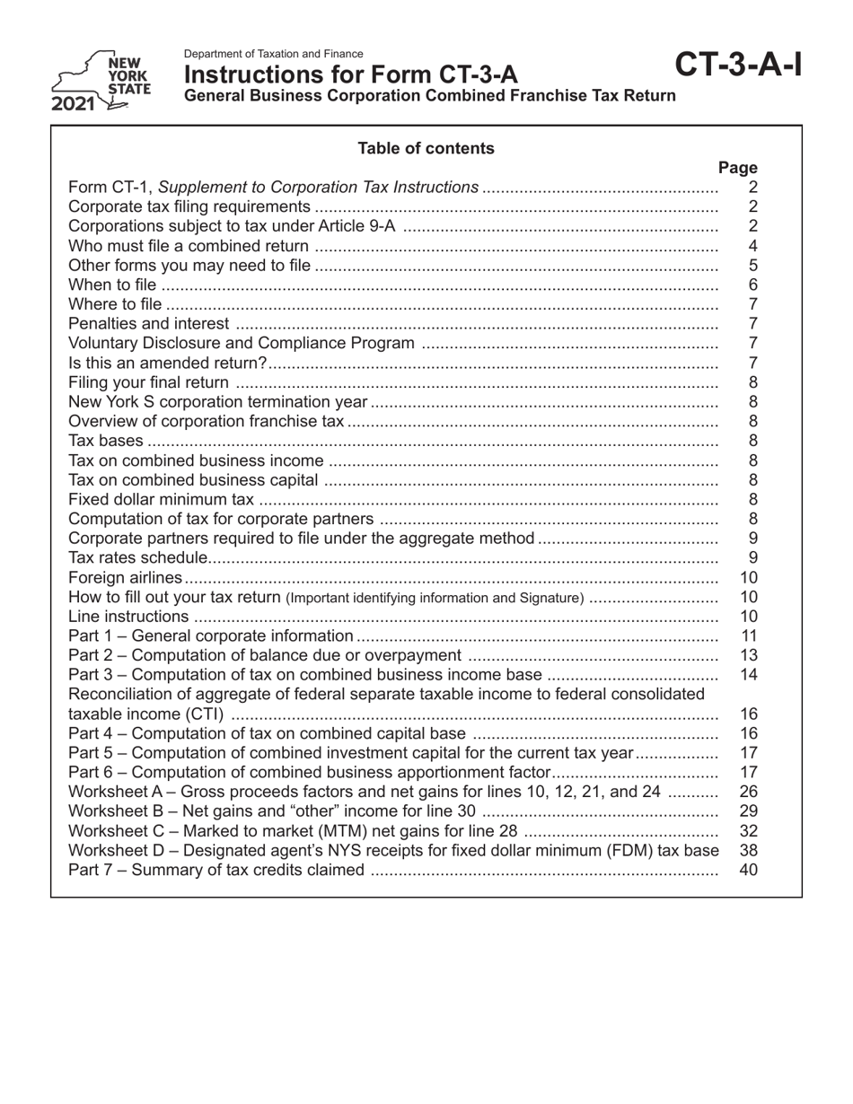 Instructions for Form CT-3-A General Business Corporation Combined Franchise Tax Return - New York, Page 1