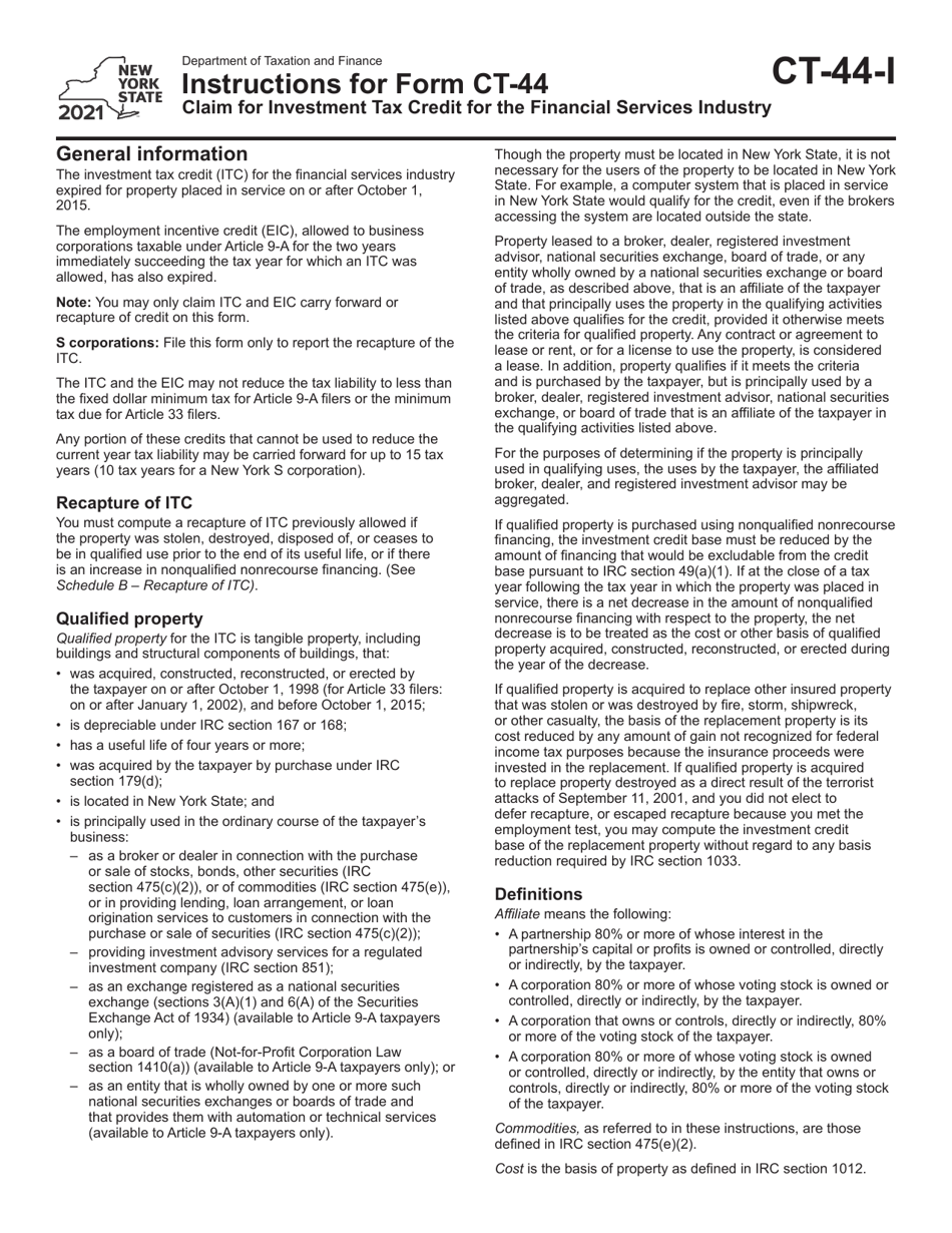 Instructions for Form CT-44 Claim for Investment Tax Credit for the Financial Services Industry - New York, Page 1