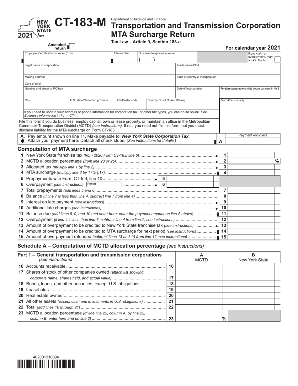 Form CT-183-M Transportation and Transmission Corporation Mta Surcharge Return - New York, Page 1