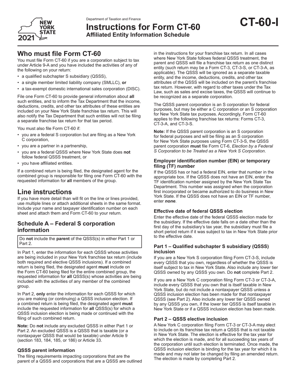 Instructions for Form CT-60 Affiliated Entity Information Schedule - New York, Page 1