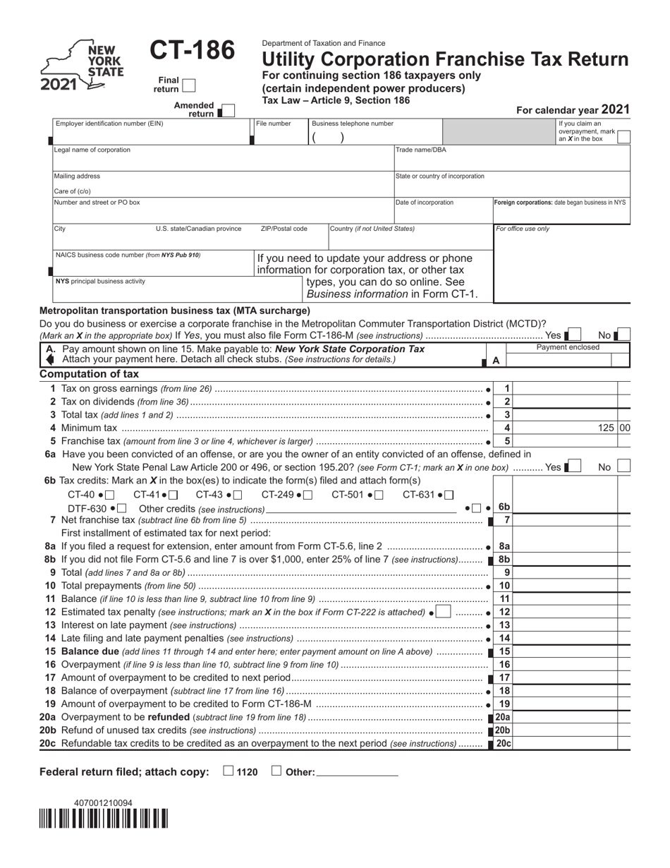 Form CT-186 Utility Corporation Franchise Tax Return - New York, Page 1