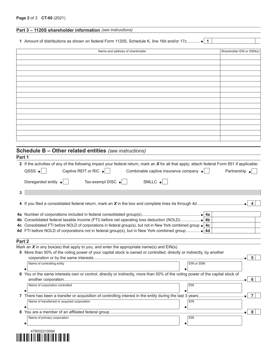 Form CT-60 Affiliated Entity Information Schedule - New York, Page 2