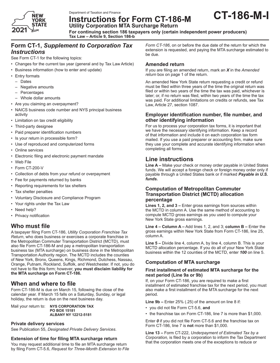 Instructions for Form CT-186-M Utility Corporation Mta Surcharge Return - New York, Page 1