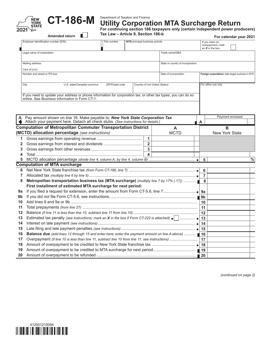 Form CT-186-M Utility Corporation Mta Surcharge Return - New York, Page 1