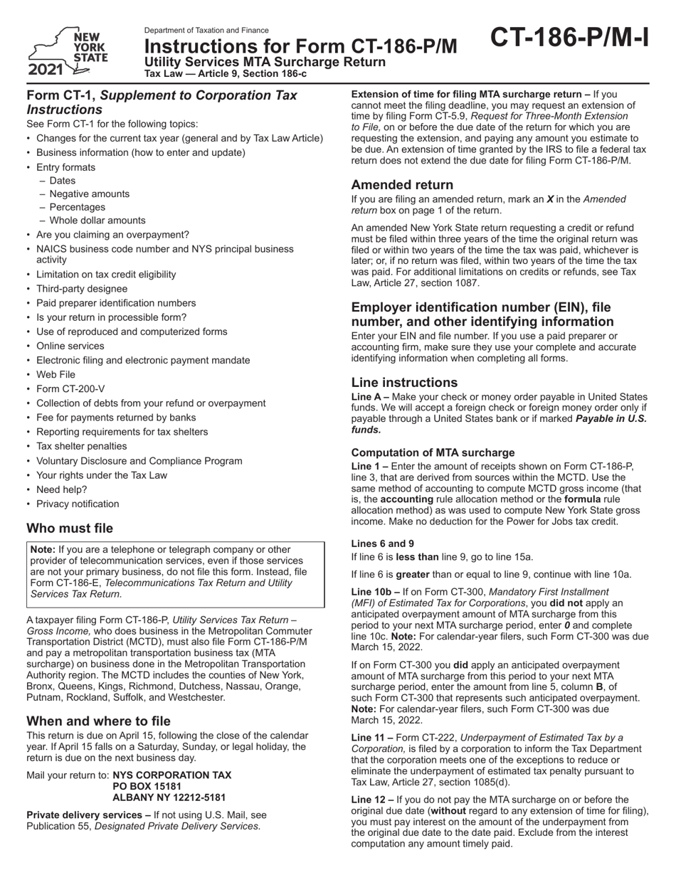 Instructions for Form CT-186-P / M Utility Services Mta Surcharge Return - New York, Page 1