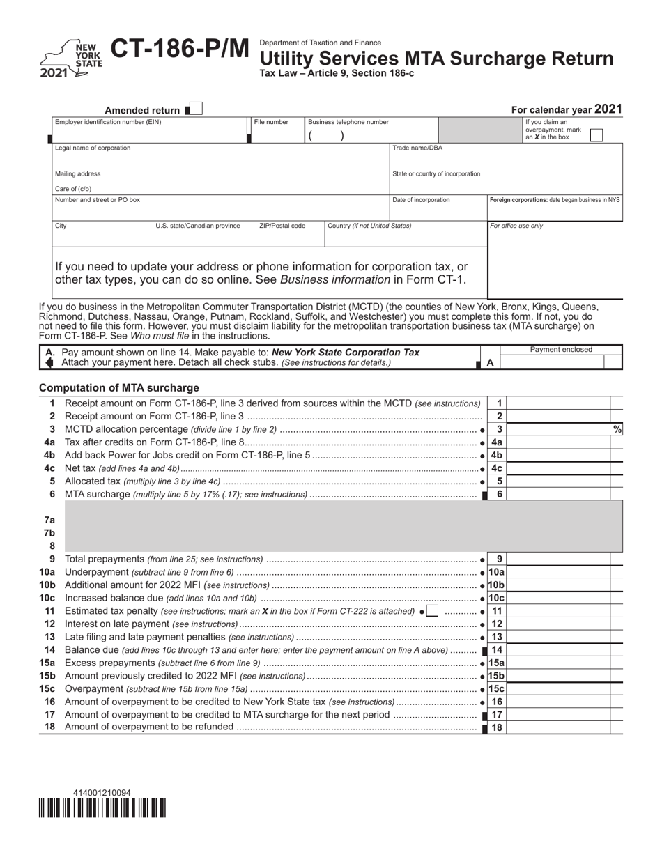 Form CT-186-P / M Utility Services Mta Surcharge Return - New York, Page 1