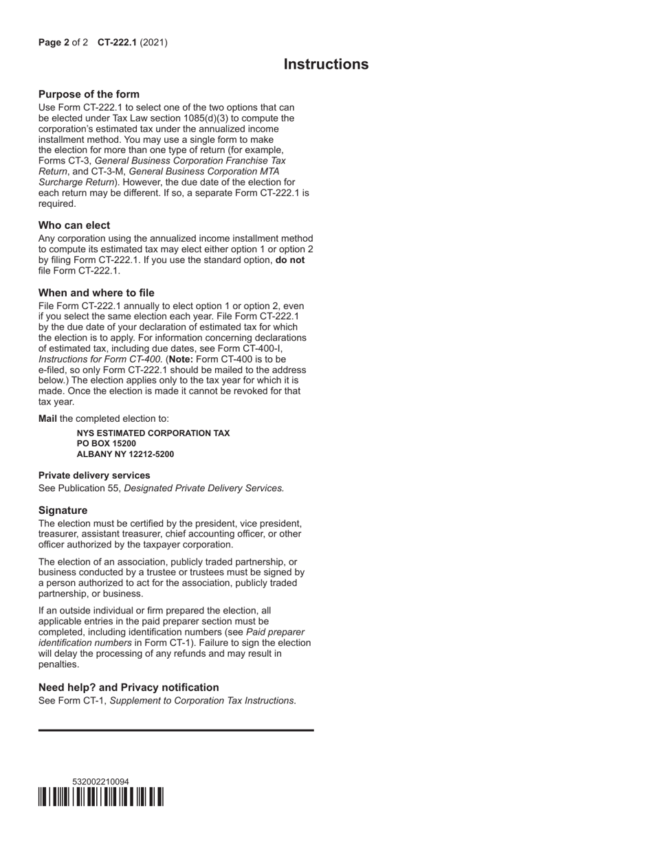 Form CT-222.1 Election to Use Different Annualization Periods for Corporate Estimated Tax - New York, Page 2