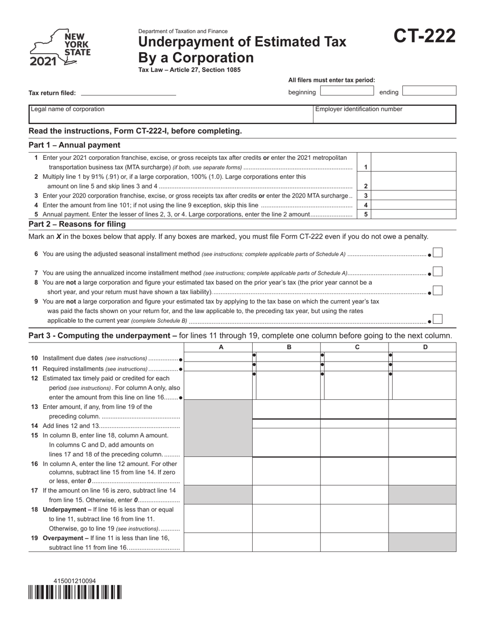 Form CT-222 Underpayment of Estimated Tax by a Corporation - New York, Page 1