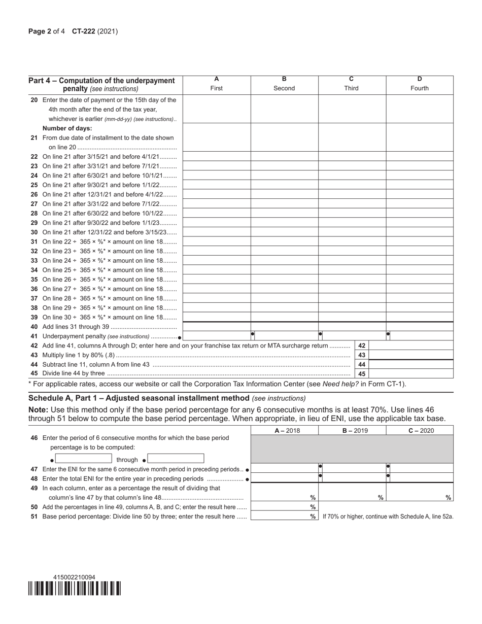 Form CT-222 Underpayment of Estimated Tax by a Corporation - New York, Page 2