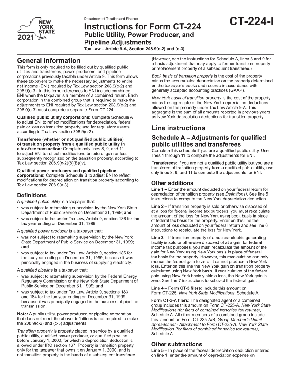 Instructions for Form CT-224 Public Utility, Power Producer, and Pipeline Adjustments - New York, Page 1