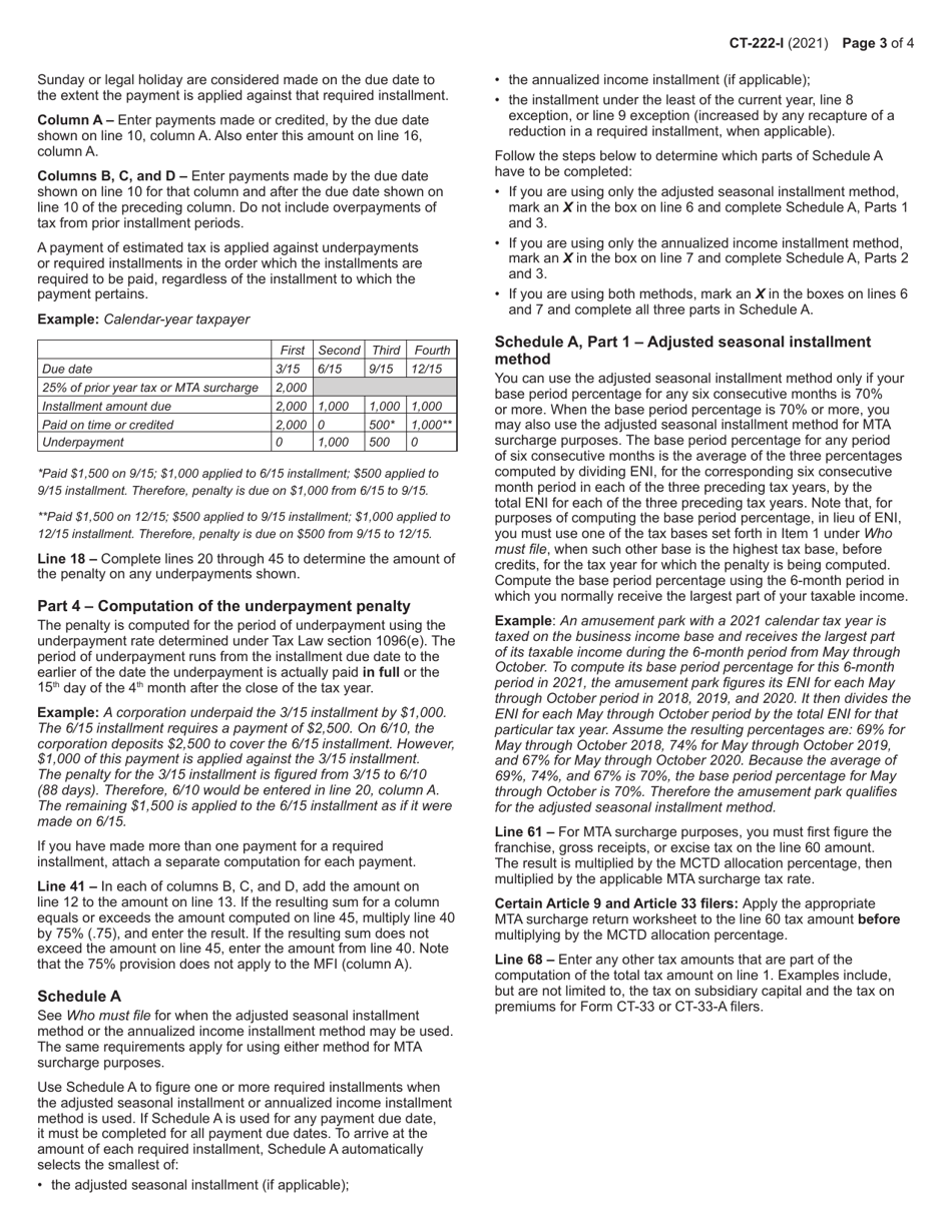Instructions for Form CT-222 Underpayment of Estimated Tax by a Corporation - New York, Page 3
