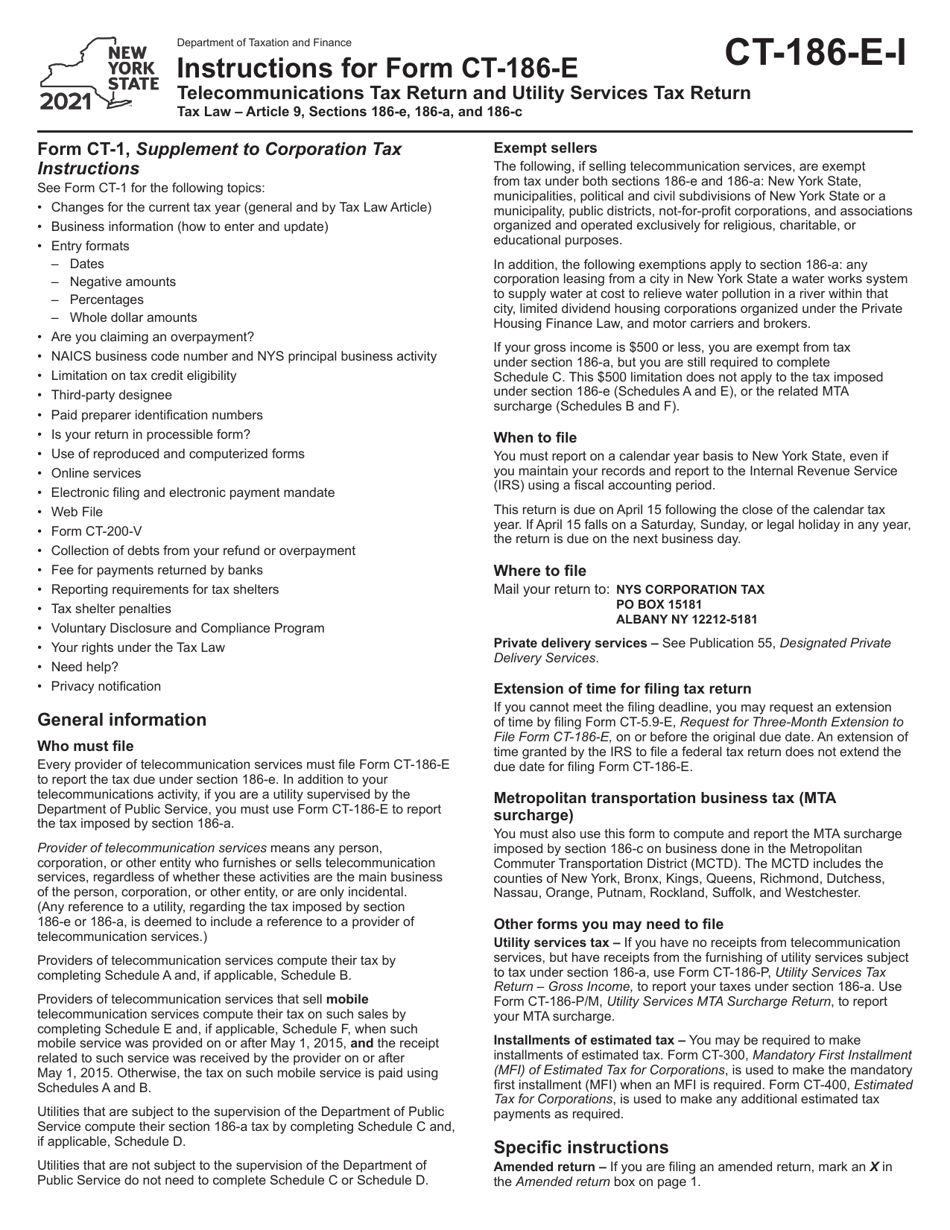 Instructions for Form CT-186-E Telecommunications Tax Return and Utility Services Tax Return - New York, Page 1