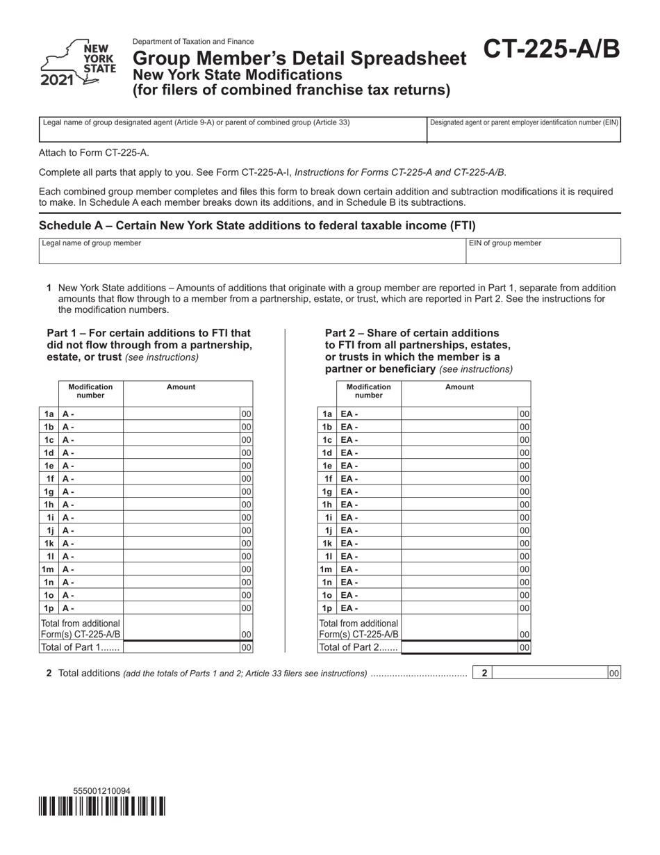 Form CT-225-A / B Group Members Detail Spreadsheet - New York State Modifications (For Filers of Combined Franchise Tax Returns) - New York, Page 1