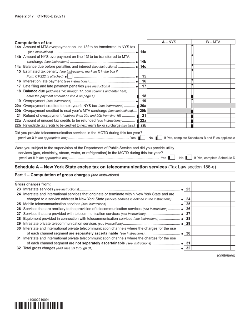 Form CT-186-E Telecommunications Tax Return and Utility Services Tax Return - New York, Page 2