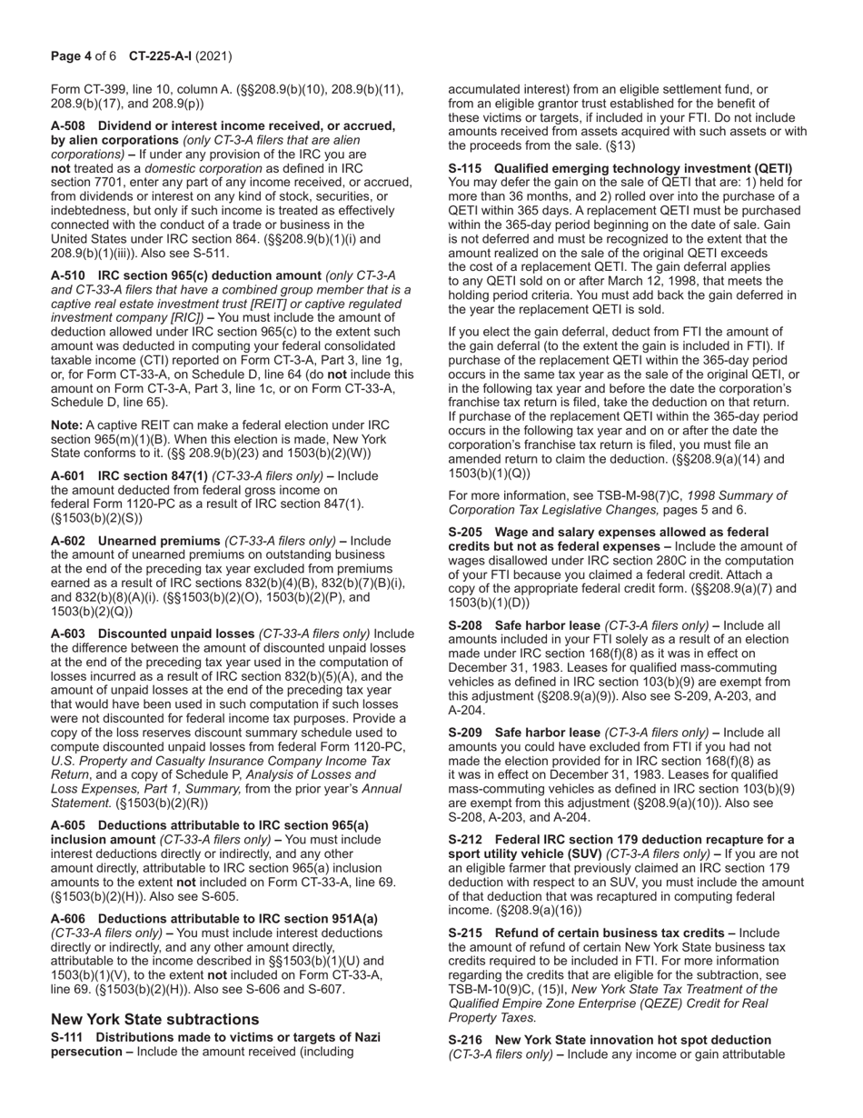 Instructions for Form CT-225-A, CT-225-A / B - New York, Page 4